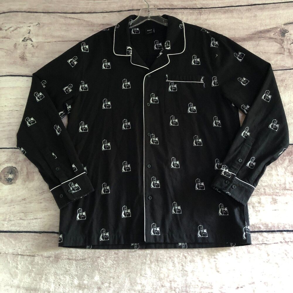 Huf Shirt Mens L Black White Remio Dog Flannel Pajama Style Heavy Shacket Skate